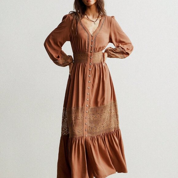 Boho Beauty Brown Casual Women's V Neck Lace Trimmed Maxi Dress - Picture 8 of 10